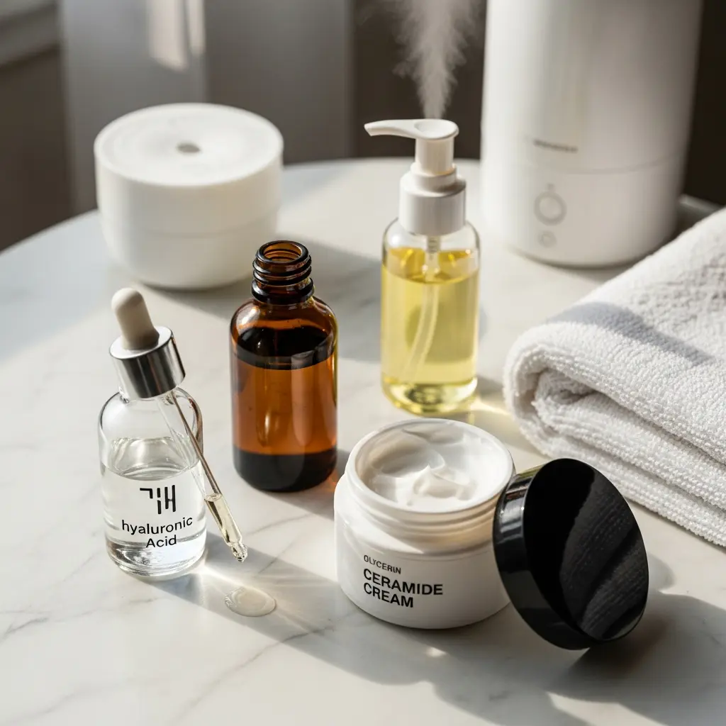 Jasno oświetlone produkty do pielęgnacji na białym marmurze: zakraplacz serum z kwasem hialuronowym z kroplą, otwarty słoik kremu glicerynowo-ceramidowego, butelka z żółtym płynem, nawilżacz z mgiełką