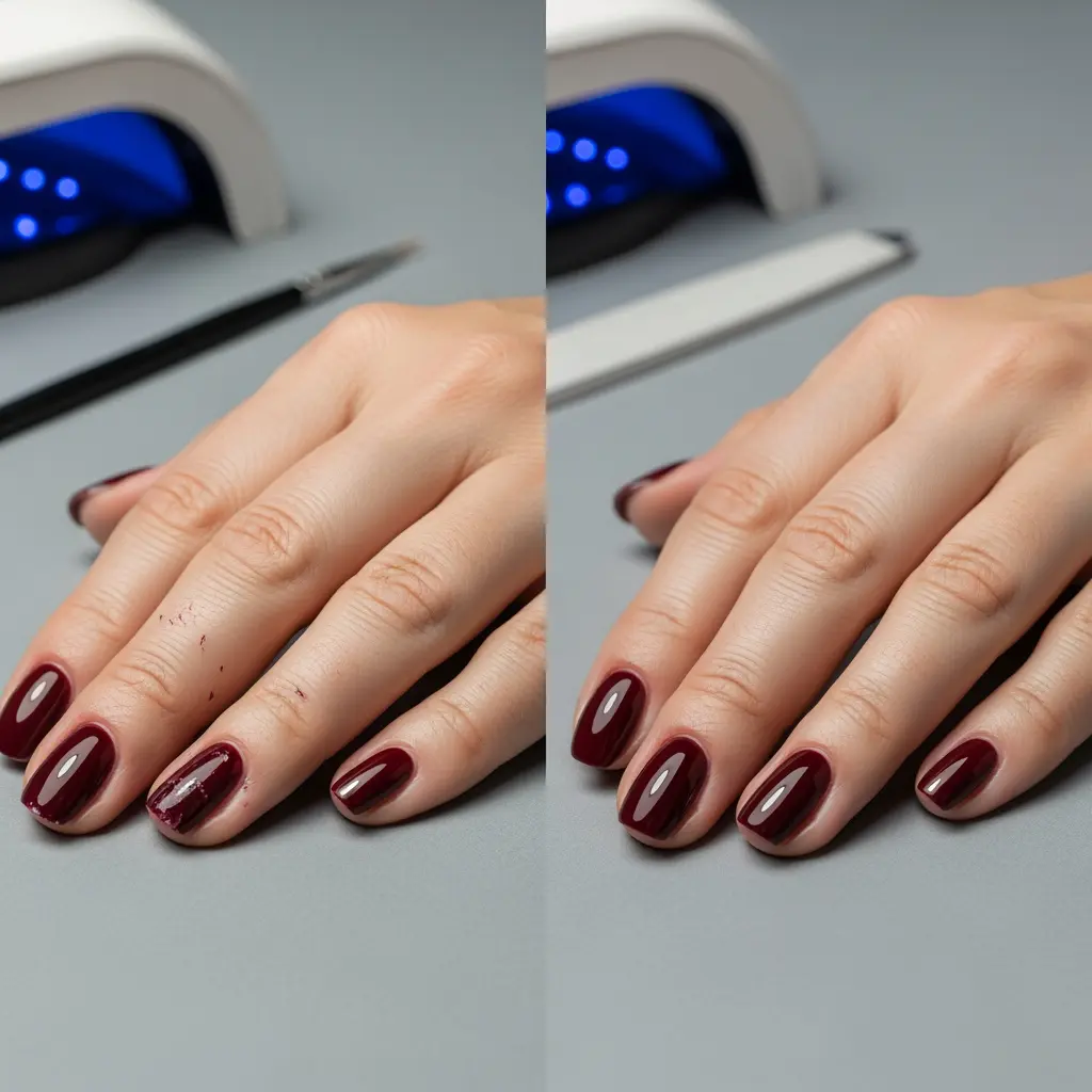 Porównanie na podzielonym ekranie manicure przed i po na dłoni z ciemnoczerwonym lakierem, od rozmazań do błyszczącego profesjonalnego wykończenia z lampą UV