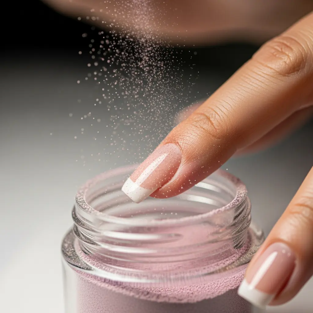 Bliski widok manicure ręki z błyszczącymi paznokciami french tip nad słoikiem różowego proszku dipowego, opadające drobinki brokatu