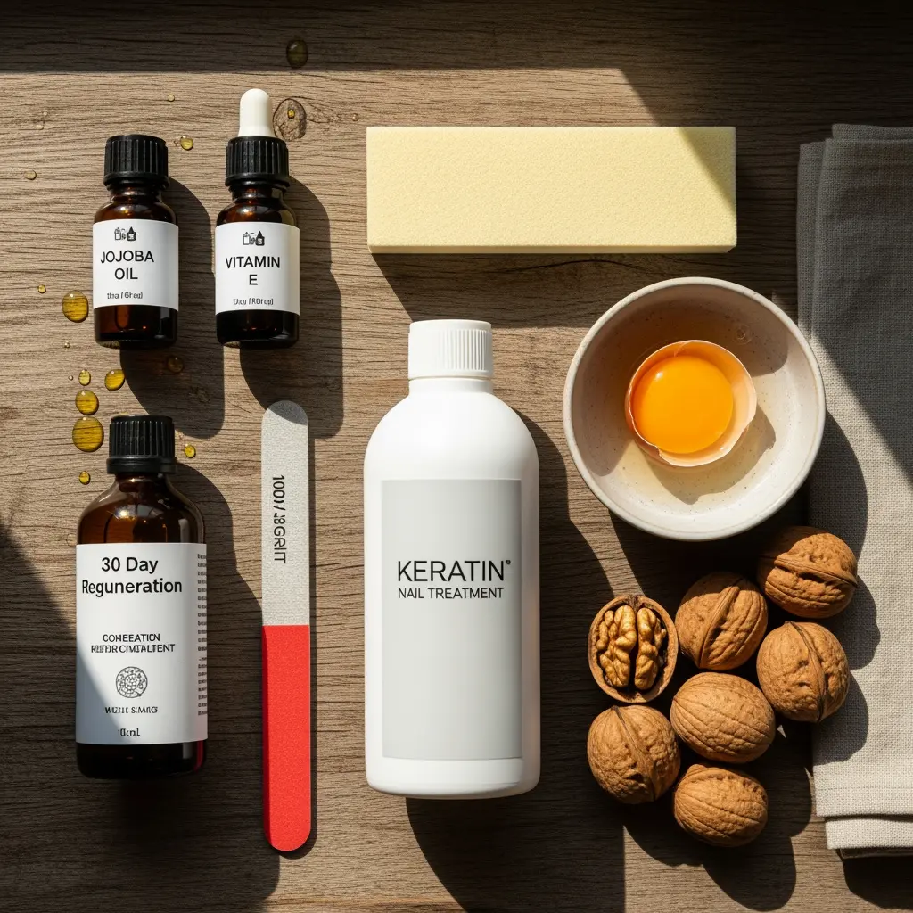 Ujęcie flat lay produktów do pielęgnacji paznokci na rustykalnym drewnie: olej jojoba, witamina E, serum keratynowe, pilnik, blok polerski, żółtko jajka, orzechy włoskie z cieniami słonecznymi