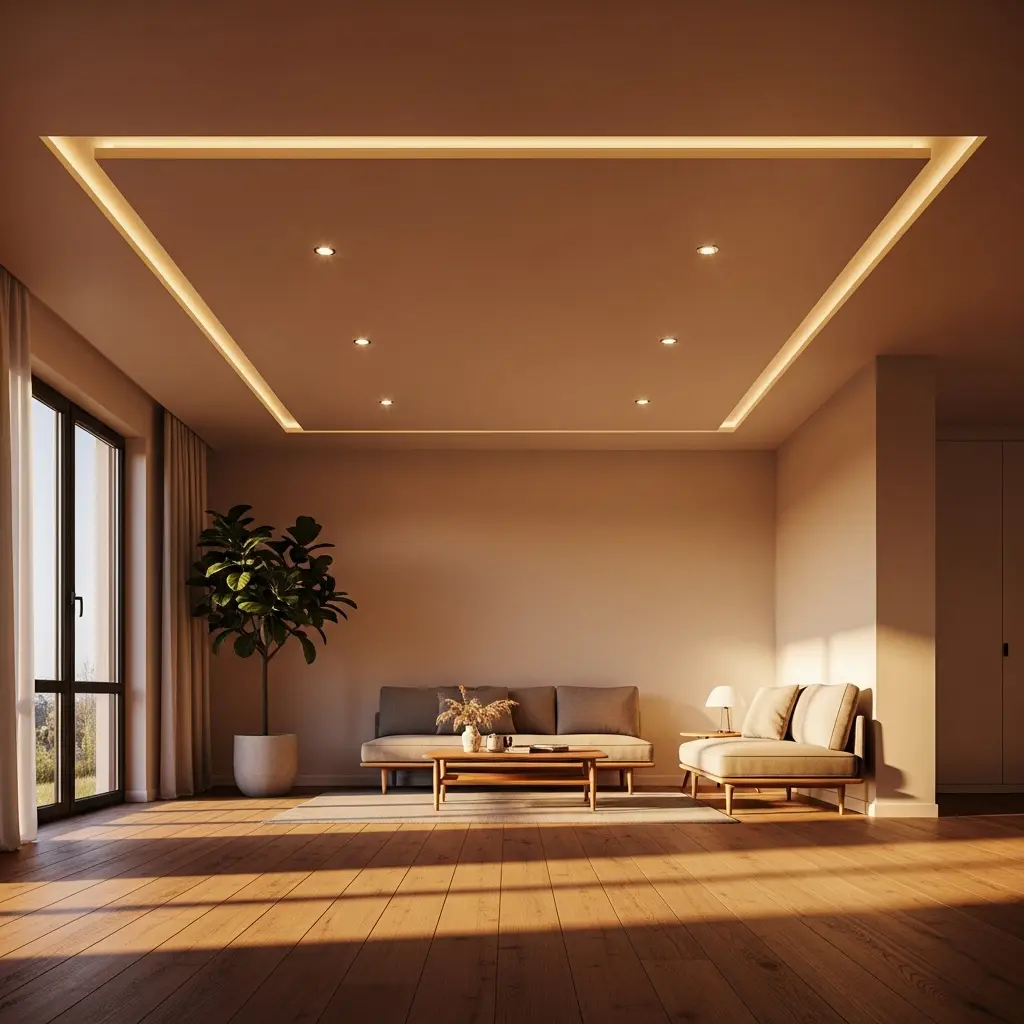 Nowoczesny minimalistyczny salon z wpuszczanymi reflektorami, taśmą LED, jasną sofą, drewnianym stolikiem kawowym, fotelem, dużą rośliną doniczkową i naturalnym światłem z okna