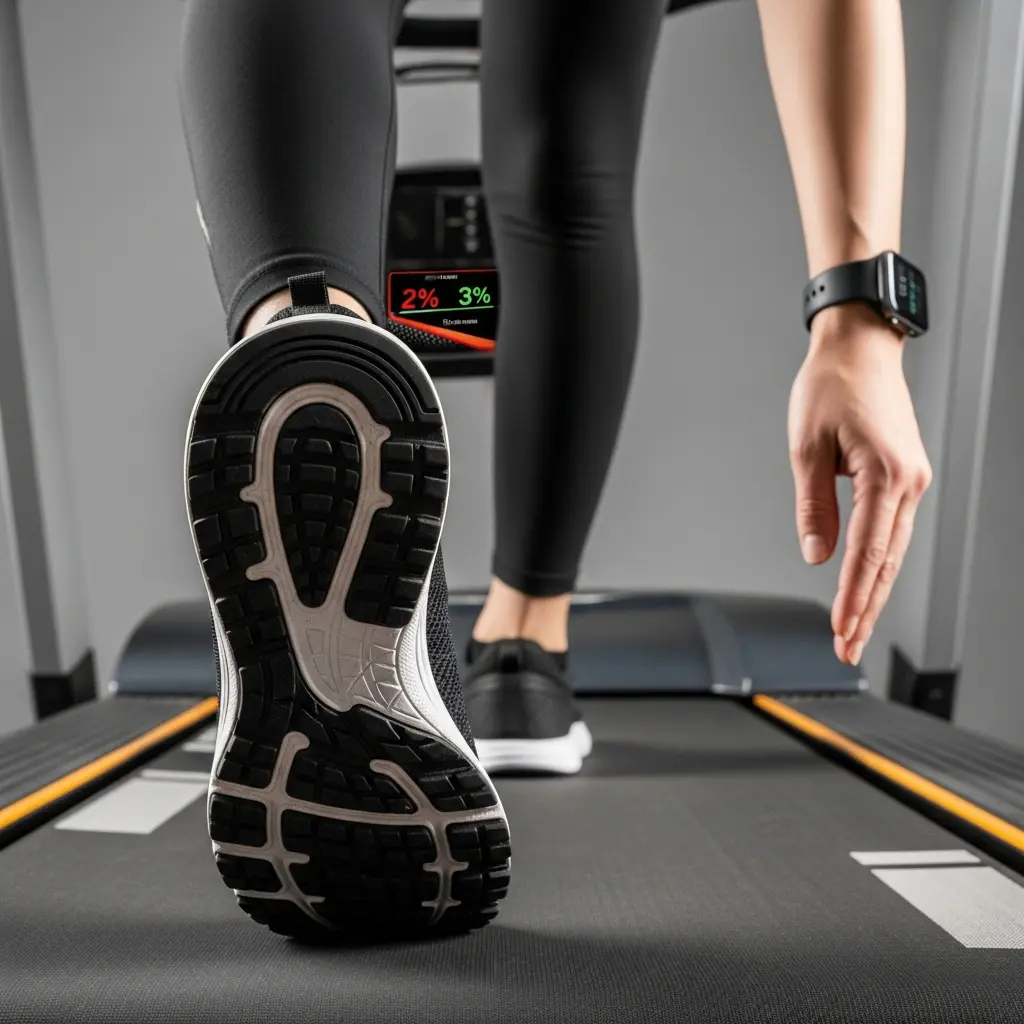 Widok z dołu nóg i stóp podczas treningu na bieżni, czarna podeszwa buta sportowego w trakcie kroku, legginsy, smartwatch, ekran z 2% i 3%
