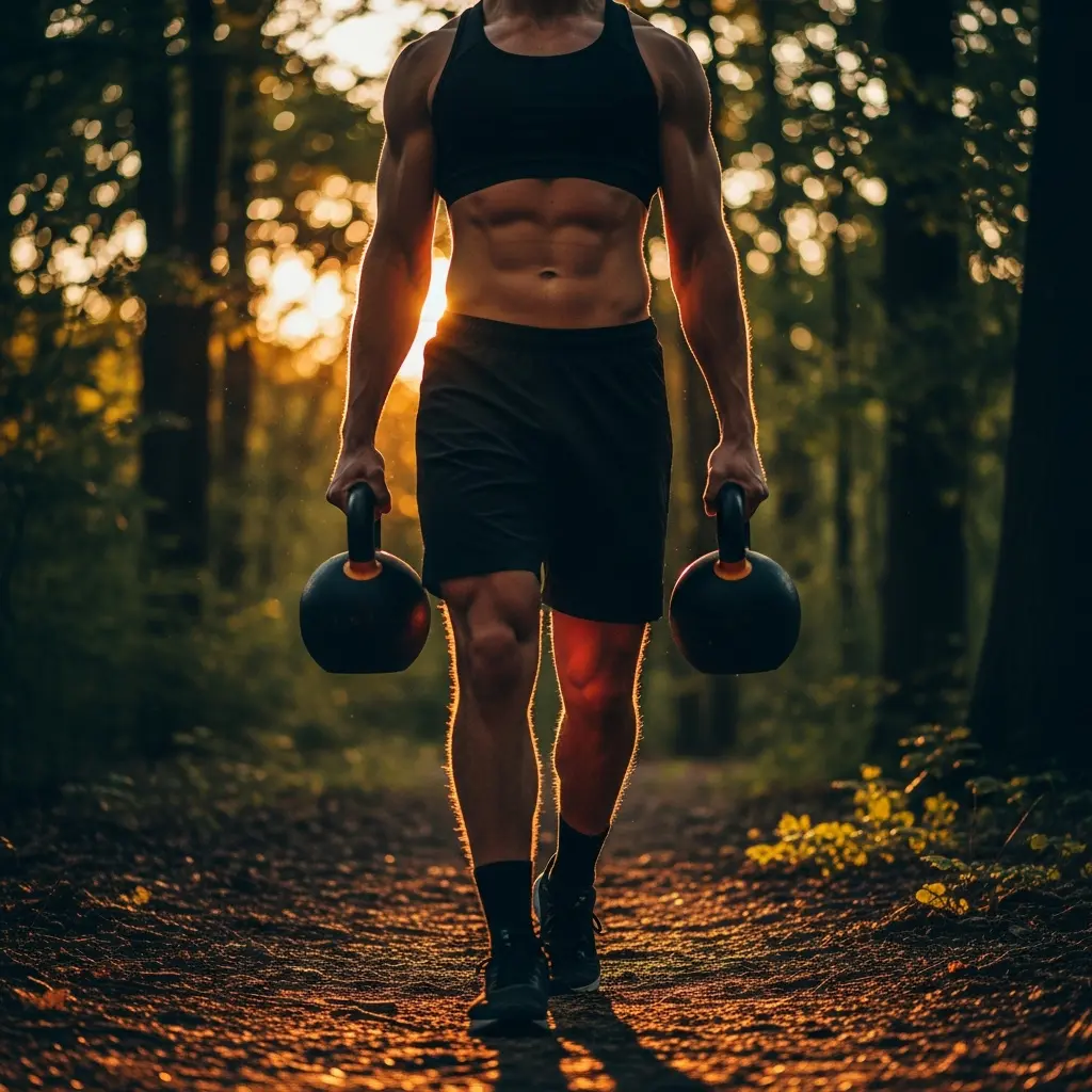 Atletyczna osoba z wyrzeźbionymi mięśniami idzie leśną ścieżką w plamach słońca trzymając czarne kettlebells, podświetlenie złotej godziny