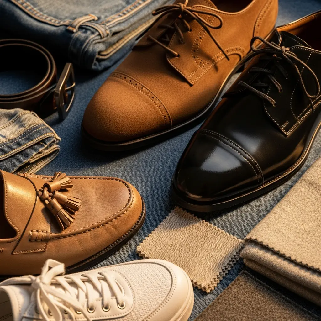 Płaski układ męskiego obuwia: brązowe zamszowe oxfordy, czarne skórzane oxfordy, brązowe loafersy z chwostem, białe sneakersy z dżinsami, paskiem, próbkami tkanin