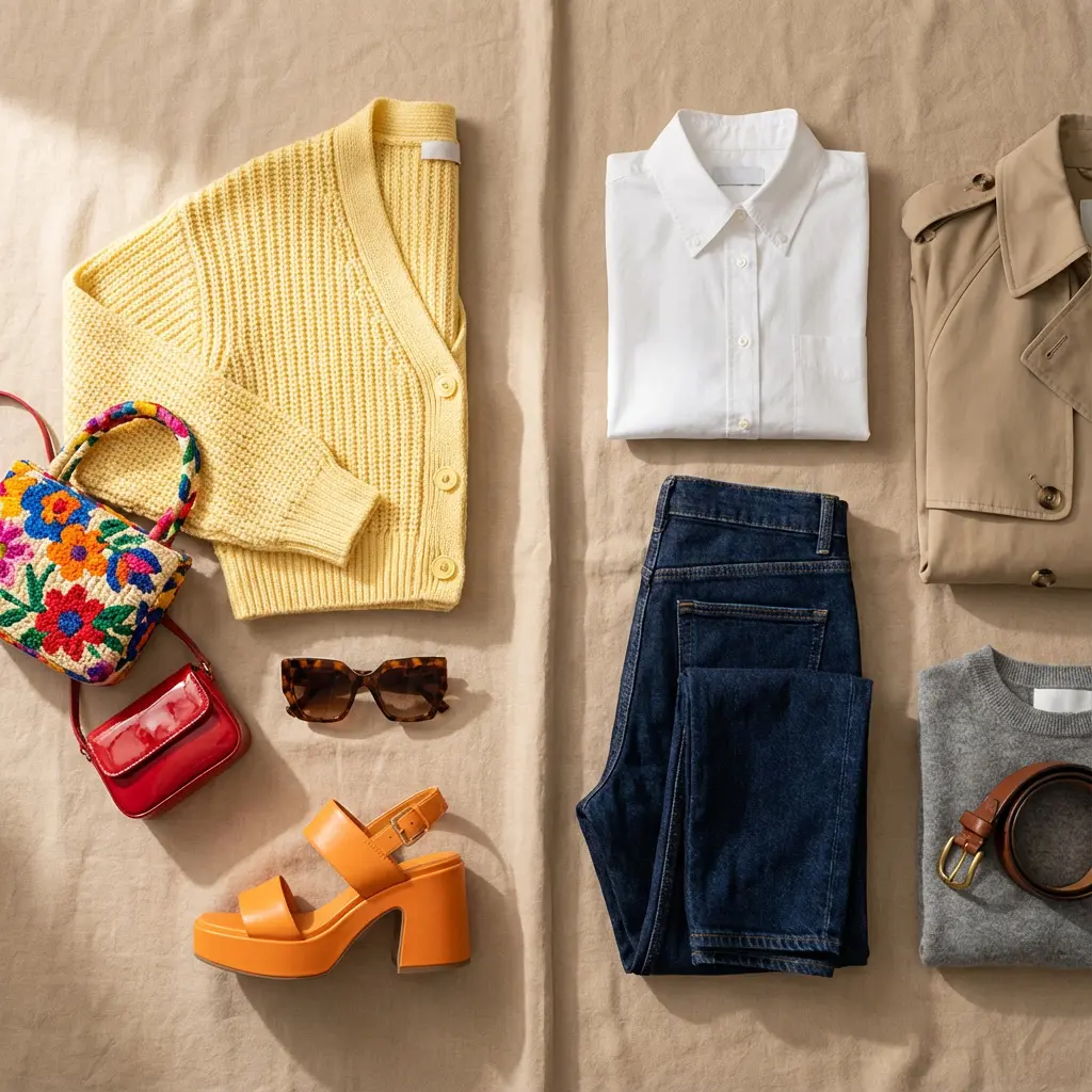 Flat lay mody i akcesoriów na teksturowanym jasnobrązowym tle: żółta swetra żebrowana, kwiatowa torba, czerwona torebka, pomarańczowe sandały, biała koszula, trencz, dżinsy.