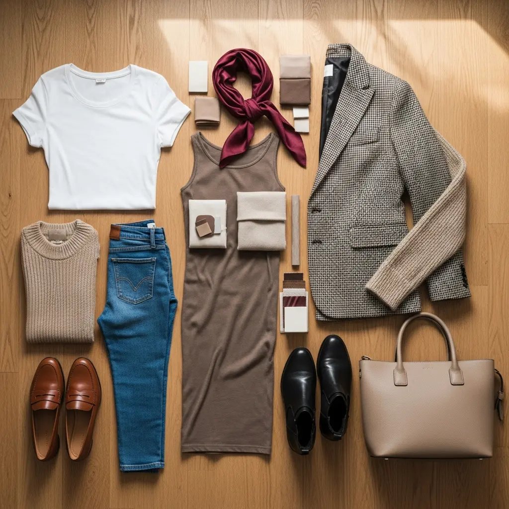 Stylowy flat lay kapsułowej garderoby damskiej z białą koszulką, beżowym swetrem, niebieskimi jeansami, sukienką w kolorze taupe, tweedową marynarką i dodatkami na drewnianej podłodze
