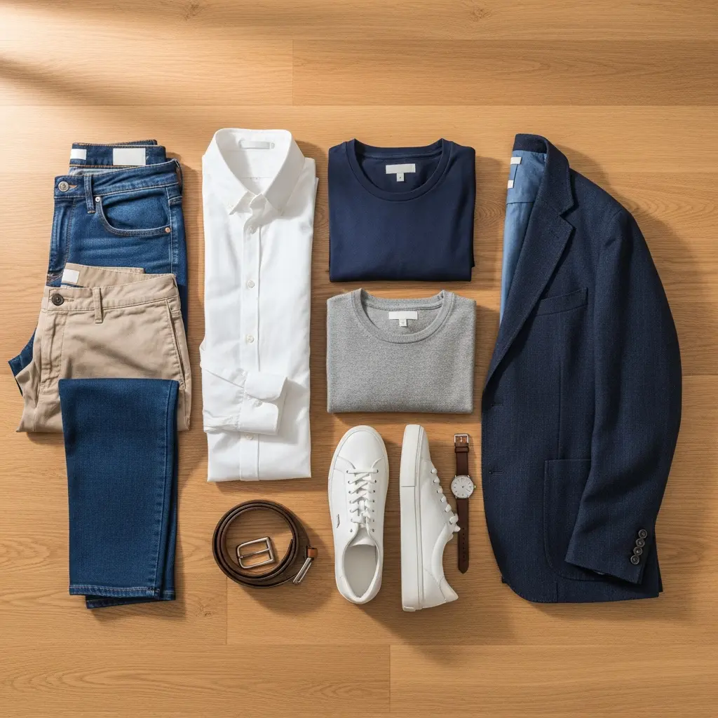 Flat lay męskiej odzieży smart casual: niebieskie dżinsy, chinosy khaki, biała koszula, t-shirty, granatowy blezer, sneakersy, skórzany pasek, zegarek na drewnie