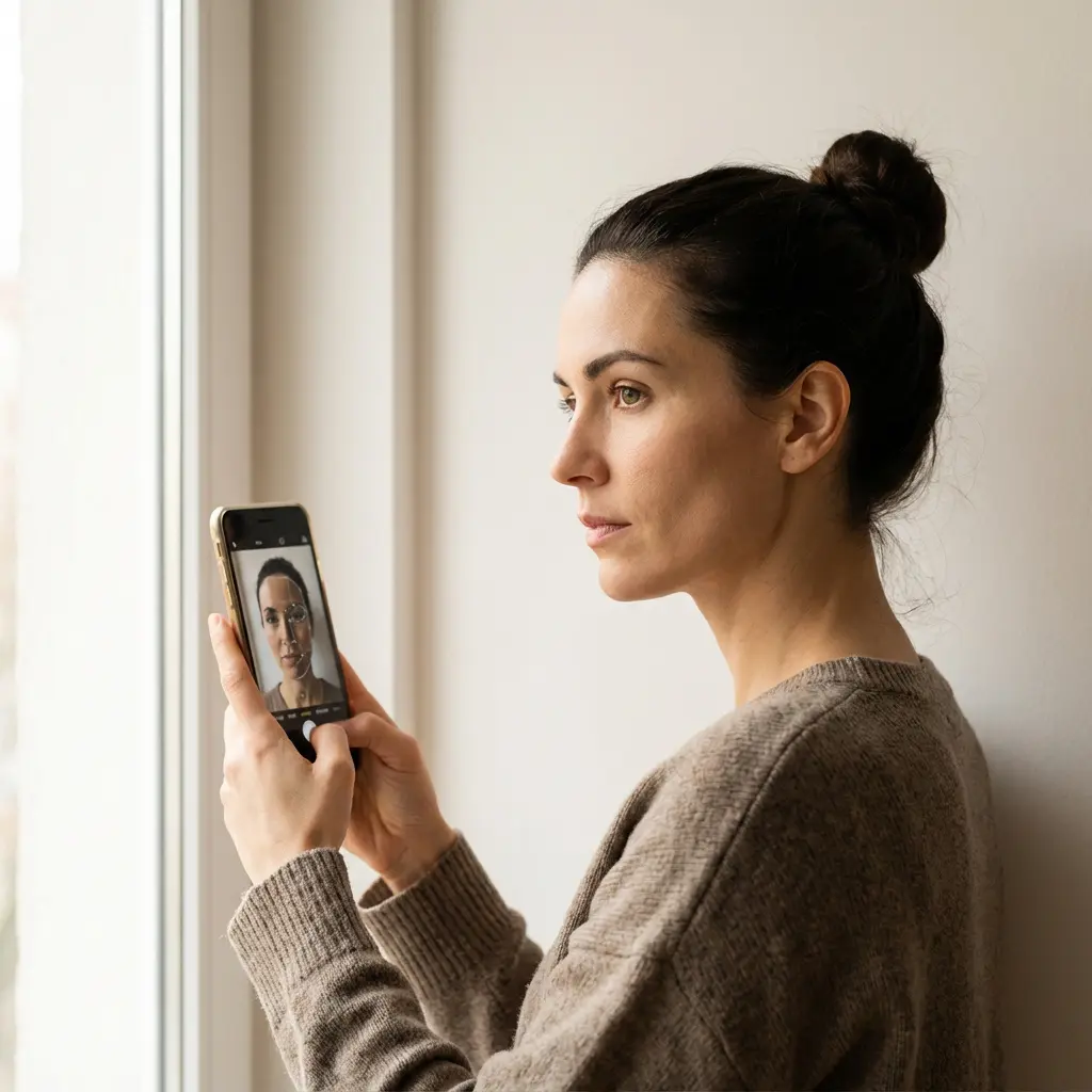 Zamyślona kobieta w profilu trzymająca smartfon z cyfrową nakładką rozpoznawania twarzy na ekranie, naturalne światło z okna