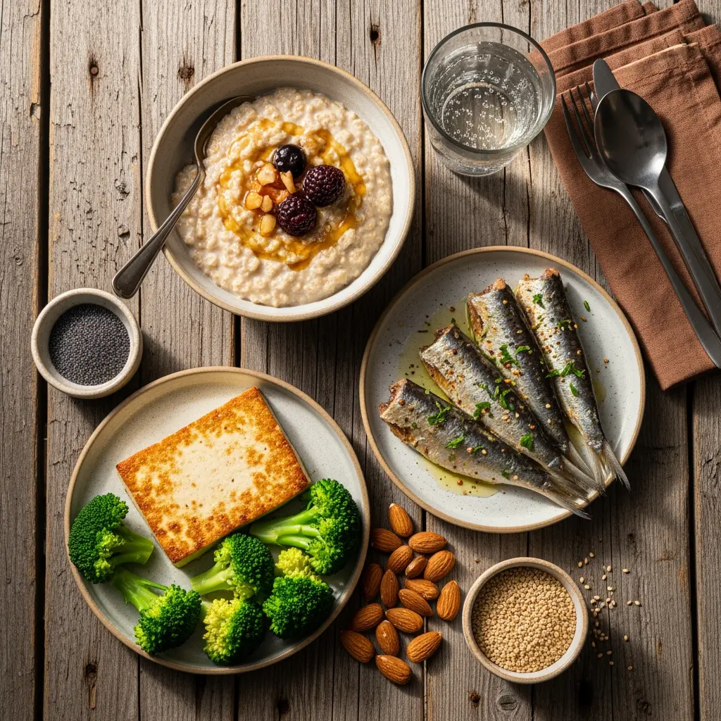 Widok z góry na różnorodny zdrowy posiłek na rustykalnym drewnianym stole: owsianka z jagodami, orzechami, miodem, tofu, brokuły, sardynki, quinoa, migdały, woda gazowana