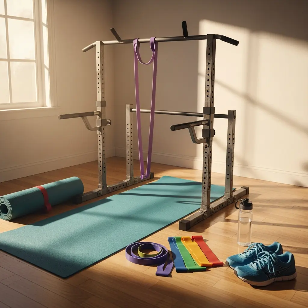 Zapraszająca domowa siłownia ze stabilnym stojakiem power rack, drążkiem do podciągnięć, uchwytami do dipsów, matą ćwiczeniową, taśmami oporowymi, butami sportowymi i butelką wody w naturalnym świetle