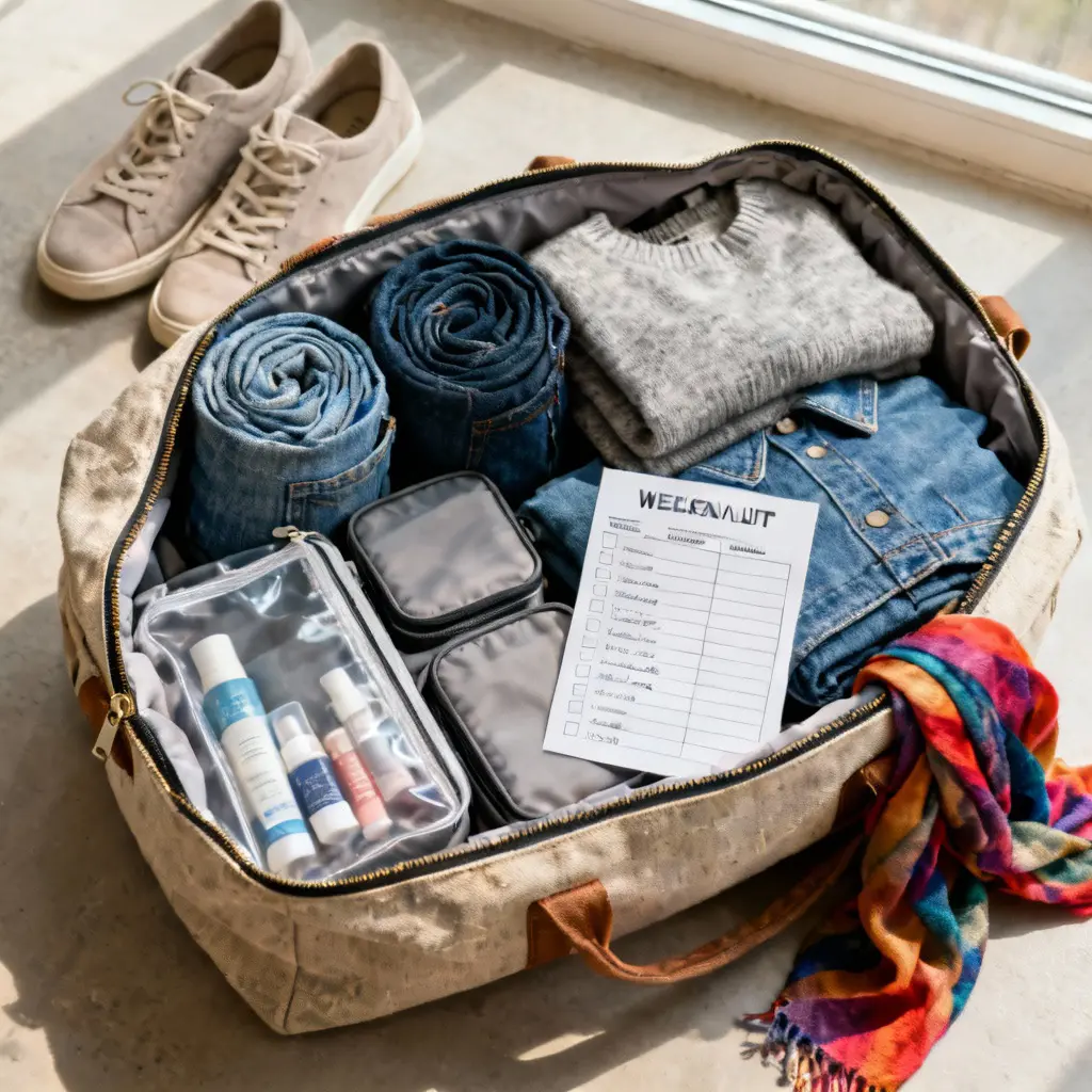 Otwarta jasna torba duffel spakowana na wyjazd: zwinięte dżinsy, złożony sweter, koszula dżinsowa, kosmetyki w etui, kostki pakunkowe, lista; sneakersy i szalik obok