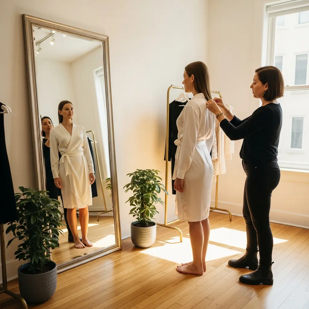 Kobieta w eleganckiej białej sukience na ramiączkach patrzy w ozdobne lustro, stylistka poprawia dekolt z tyłu w jasnym studio butiku z naturalnym światłem