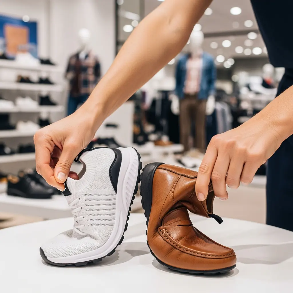 Bliski widok rąk w nowoczesnym sklepie obuwniczym trzymających biały sportowy sneaker i zgniatających elastyczny brązowy skórzany mokasyn na ladzie
