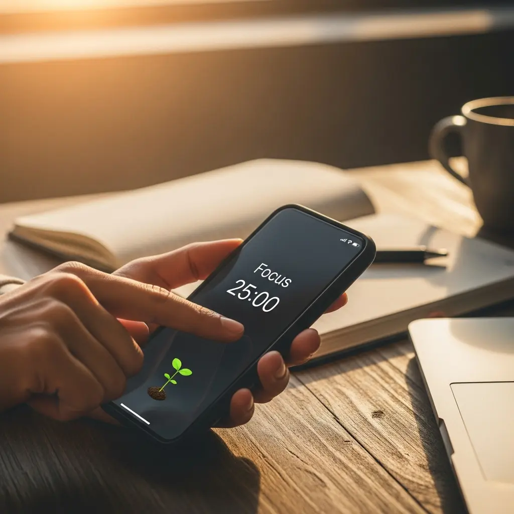 Dłonie trzymające czarny smartfon z timerem 'Focus 25:00' i zieloną siewką na ekranie, na drewnianym biurku w słońcu
