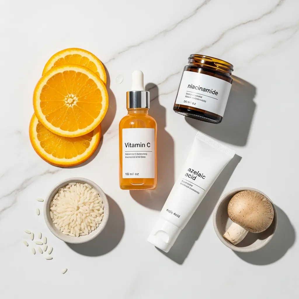 Na białym marmurowym blacie ułożone są kosmetyki i naturalne składniki: plastry pomarańczy, buteleczka Vitamin C, słoiczek Niacinamide, tuba Azelaic Acid, miska z białymi tabletkami i miska z grzybami.