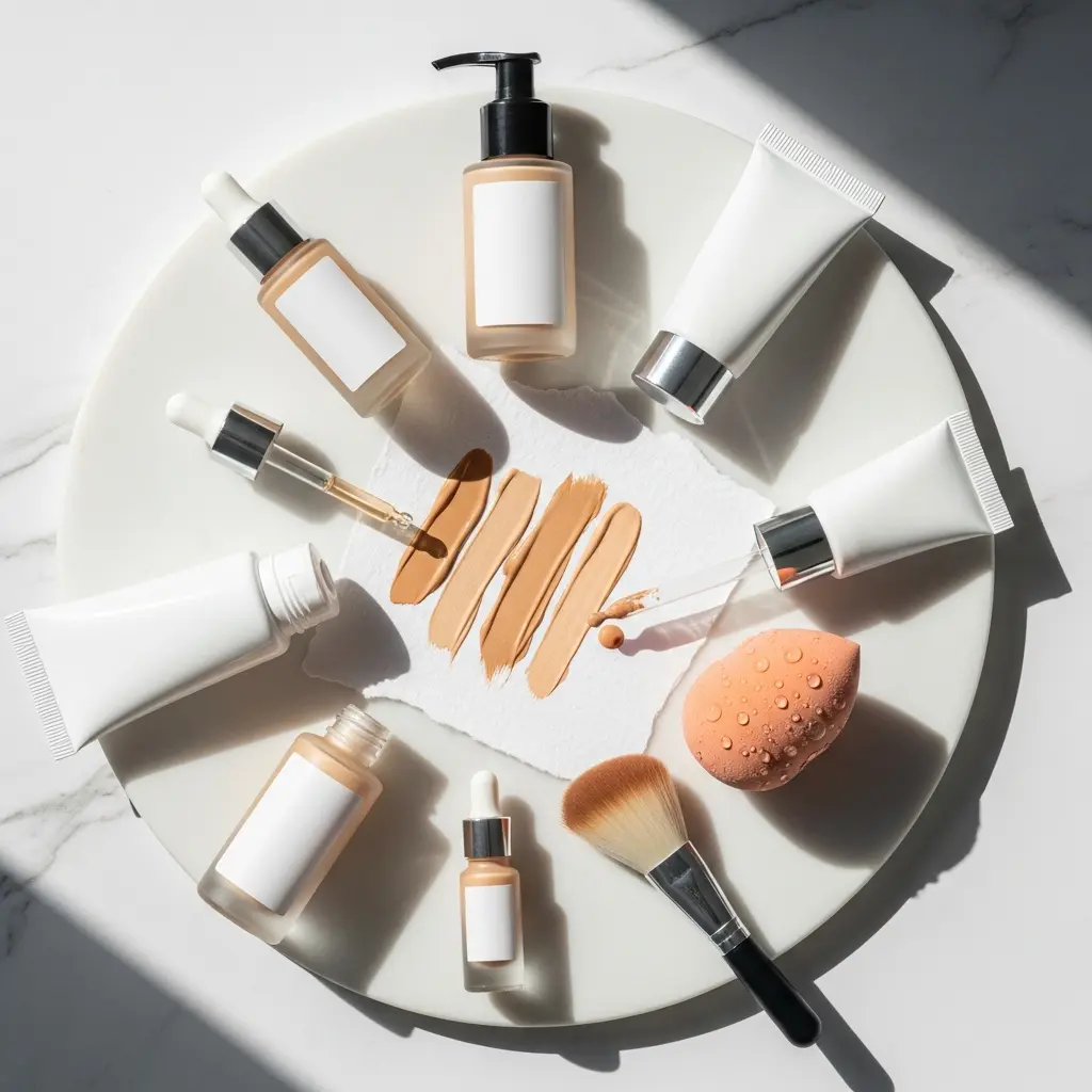Widok z góry flat lay produktów do podkładu kosmetycznego, próbki w odcieniach beżu i brązu, gąbka beauty, pędzel na białym marmurze z cieniami