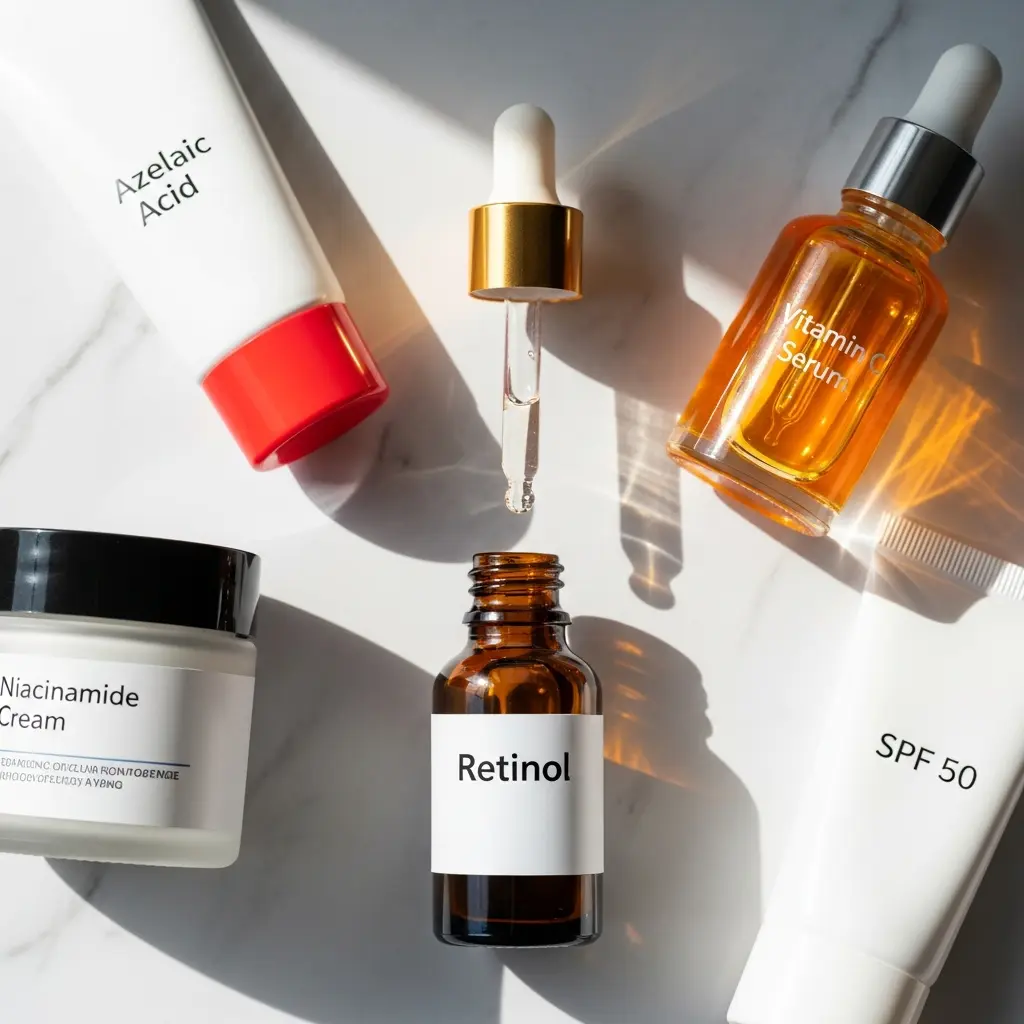 Flat lay produktów do pielęgnacji skóry na białym marmurze: kwas azelainowy, serum z witaminą C, SPF 50, retinol, krem z niacynamidem z cieniami słonecznymi