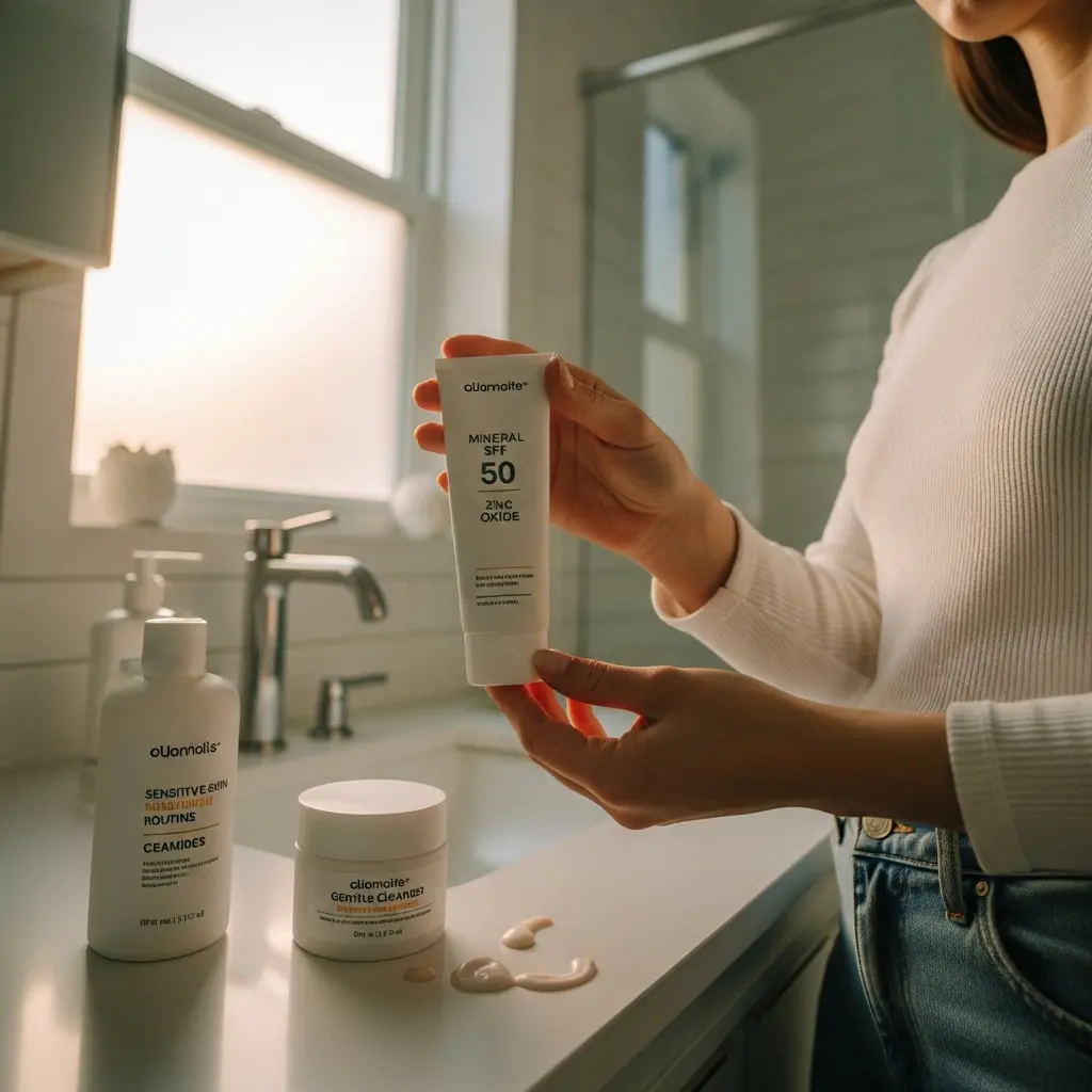 Ręce trzymające tubkę Oluomolte Mineral SPF 50 Tlenek Cynk krem z filtrem na blacie łazienkowym z ceramidami i łagodnym cleanserem