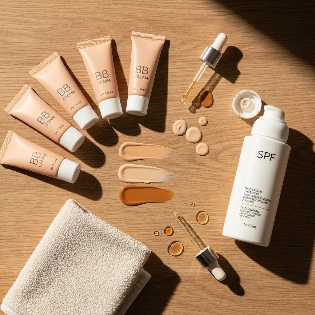 Ujęcie z góry flat lay tubek kremu BB w różnych odcieniach, butelki SPF z pompką, swatchy podkładu, pipet i ręcznika na jasnym drewnie