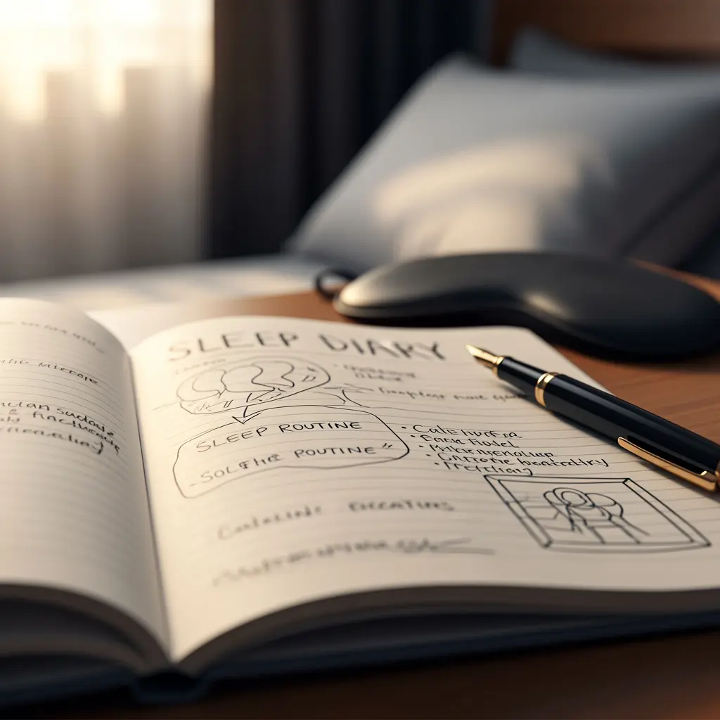 Otwarty notes 'SLEEP DIARY' na drewnianej powierzchni z ręcznie pisanymi rutynami snu, diagramami, piórem wiecznym i rozmytą maską do spania w ciepłym świetle słonecznym