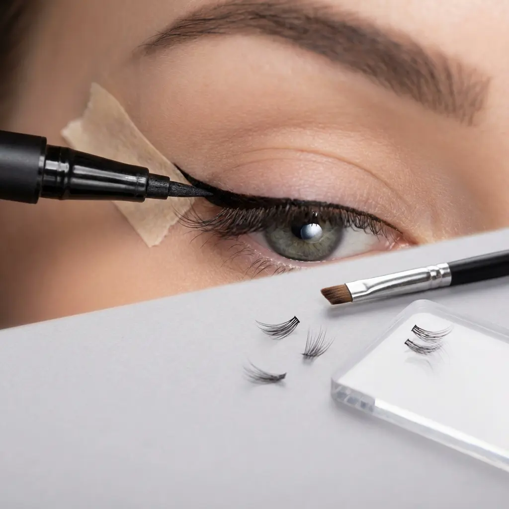 Close-up zielonego oka podczas aplikacji winged eyelinera pisakiem i taśmą jako przewodnikiem, sztuczne rzęsy w tle