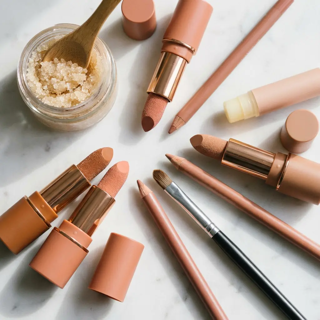 Flat lay nude i brzoskwiniowych matowych szminek, konturówek, pędzla, balsamu i peelingu cukrowego na białym marmurze