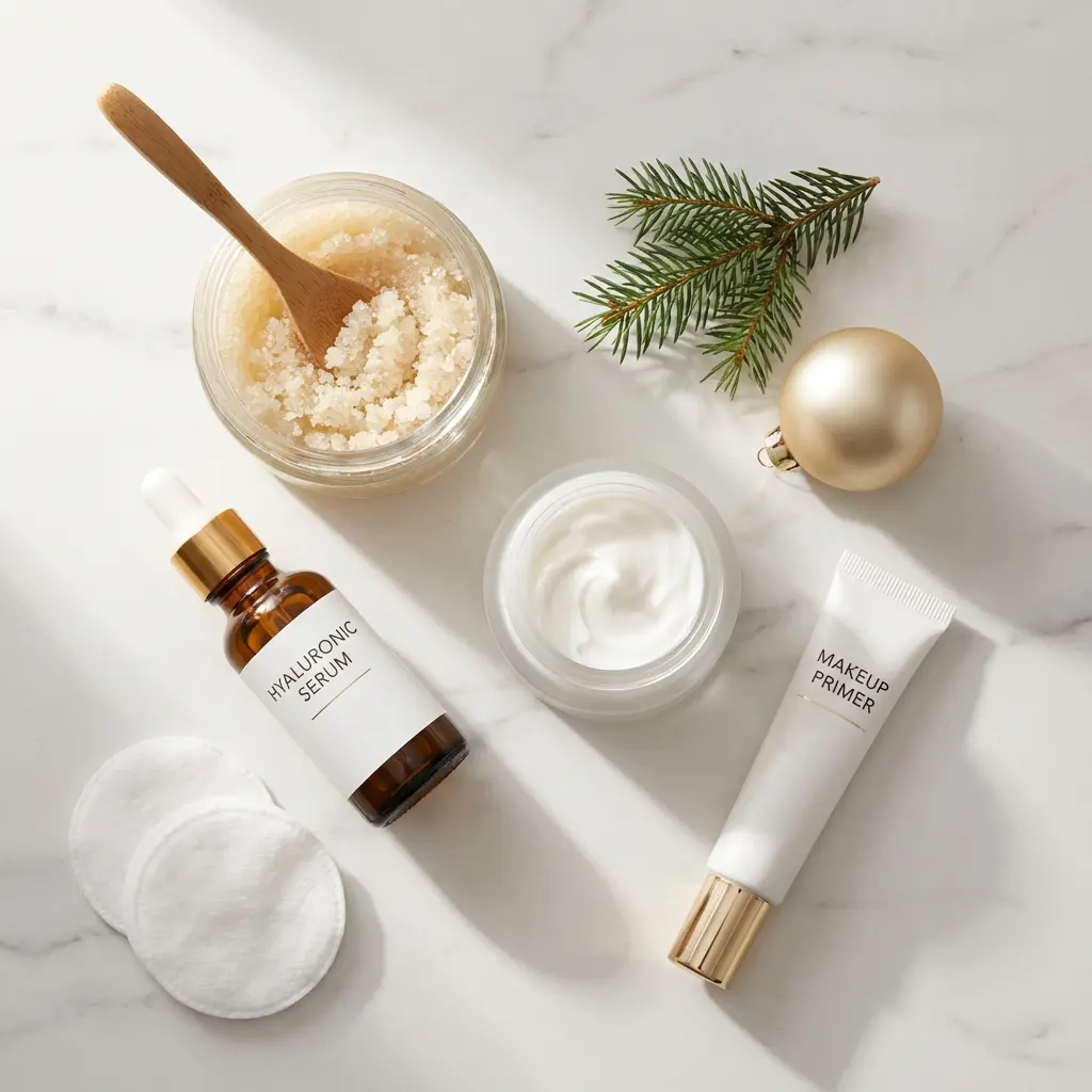 Flat lay z góry produktów do pielęgnacji i urody na jasnym marmurze: serum hialuronowe, krem do twarzy, peeling do ciała, primer, płatki kosmetyczne, gałązka sosny, bombka świąteczna