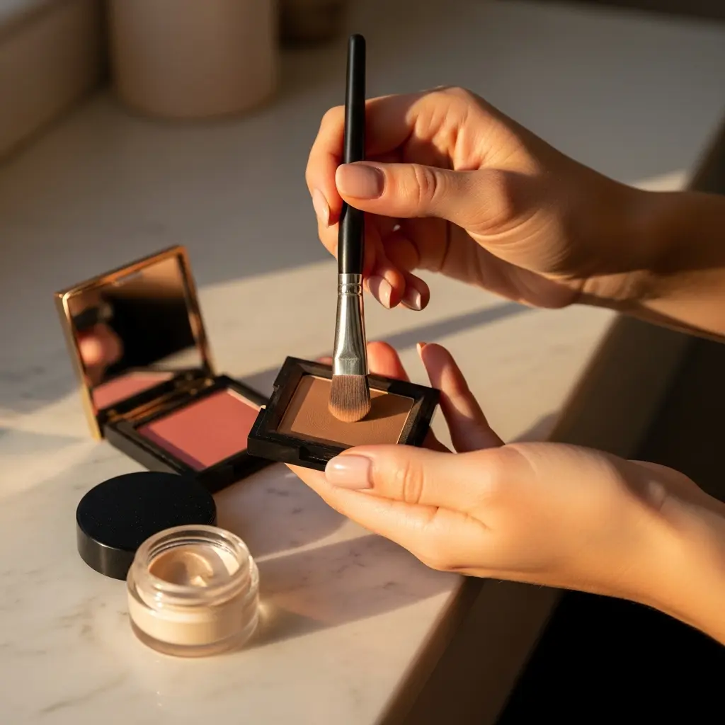 Bliski plan manicure'owanych dłoni zanurzających pędzel do makijażu w kompakt z ciepłym pudrem brązującym, rumieniec i krem na marmurowej powierzchni w naturalnym świetle