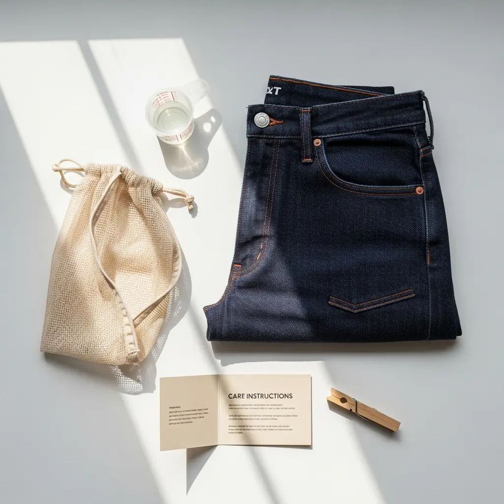 Flat lay poskładanych ciemnoniebieskich dżinsów z książeczką instrukcji pielęgnacji, siatkową torbą, miarką z płynem i drewnianą klamerką na białym tle (118 znaków)