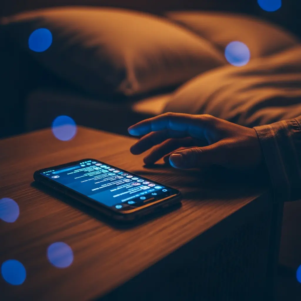 Ręka sięgająca po smartfon na drewnianym stoliku nocnym w słabo oświetlonej sypialni, niebieski blask ekranu z aplikacjami i wiadomościami wśród świateł bokeh