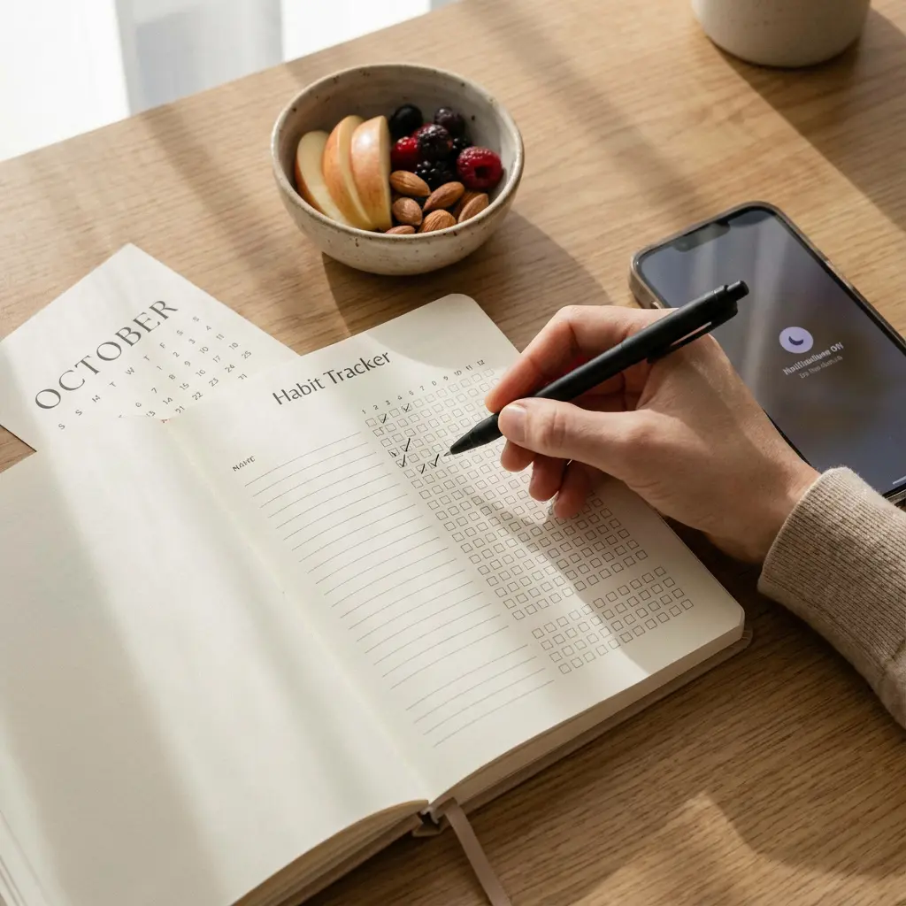 Widok z góry na rękę zaznaczającą nawyki w notesie 'Habit Tracker' na jasnym drewnianym stole z telefonem i zdrową przekąską z jabłek, migdałów, jagód