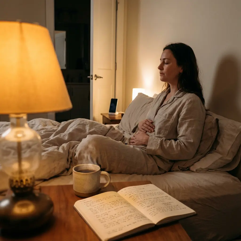 Kobieta w jasnych piżamach medytująca spokojnie w łóżku, oczy zamknięte, ręce na brzuchu, z miękkim światłem lamp, dziennikiem i kubkiem na szafce nocnej