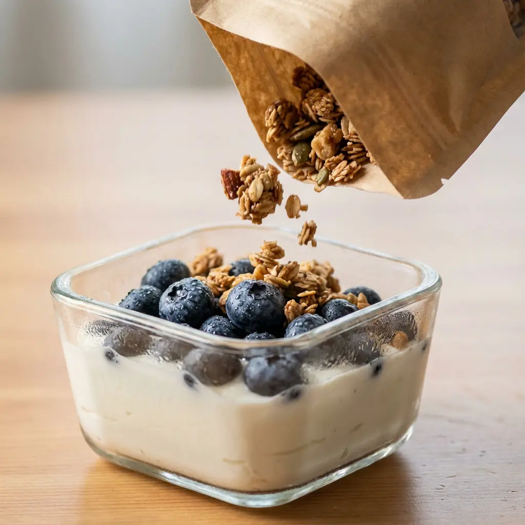 Granola wsypywana z papierowej torby do szklanej miski z kremowym jogurtem i świeżymi borówkami na drewnianym blacie