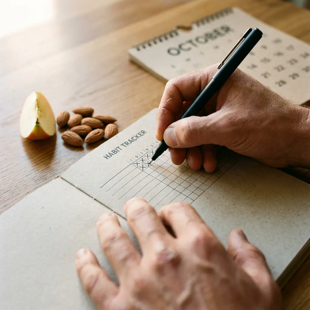 Ręce zaznaczające ukończone nawyki w notesie Habit Tracker czarnym długopisem, plaster jabłka i migdały jako zdrowe przekąski na drewnianym stole