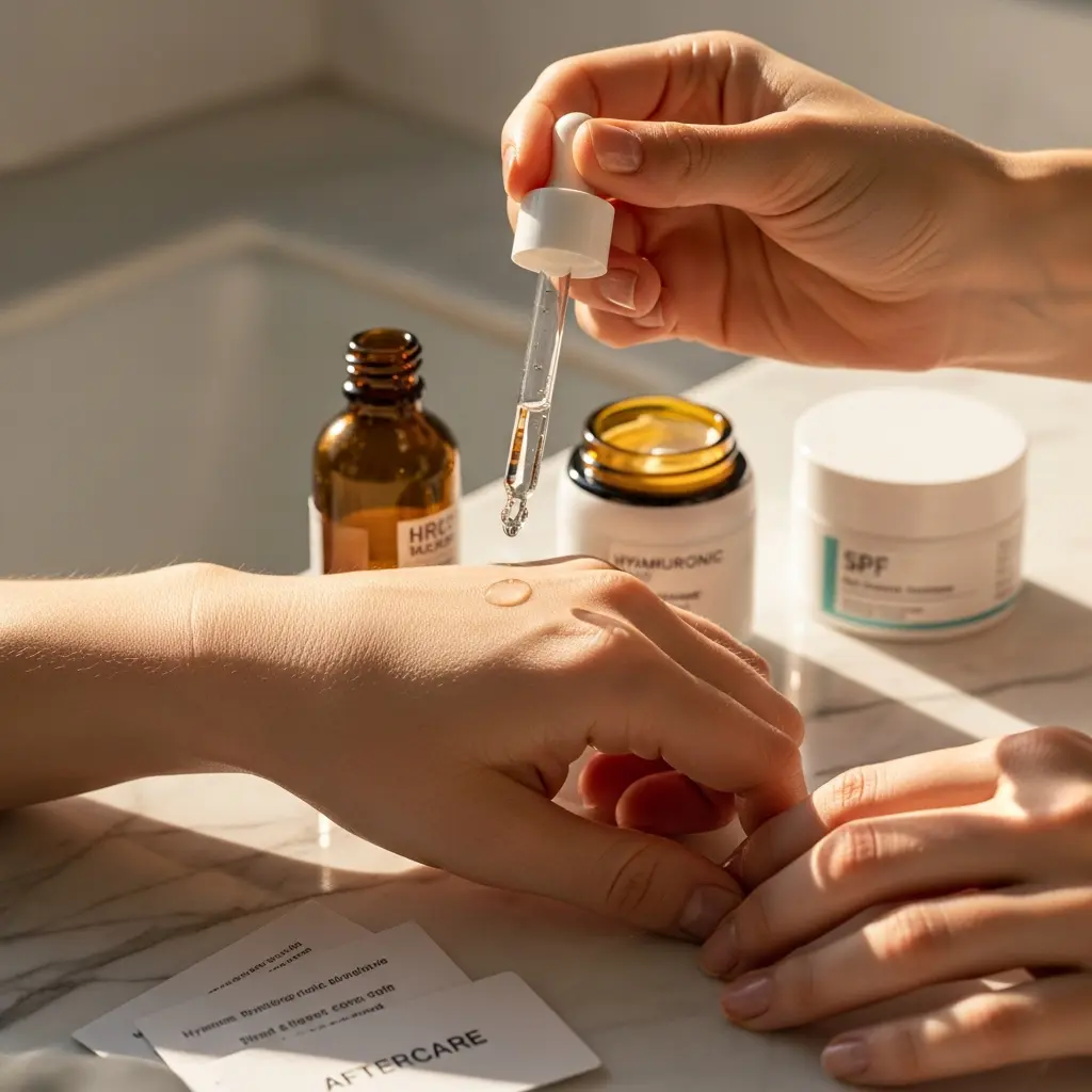 Ręce aplikujące kroplę klarownego serum pipetą na marmurowej powierzchni pośród słoików z kremem hialuronowym, SPF i kart aftercare w naturalnym świetle