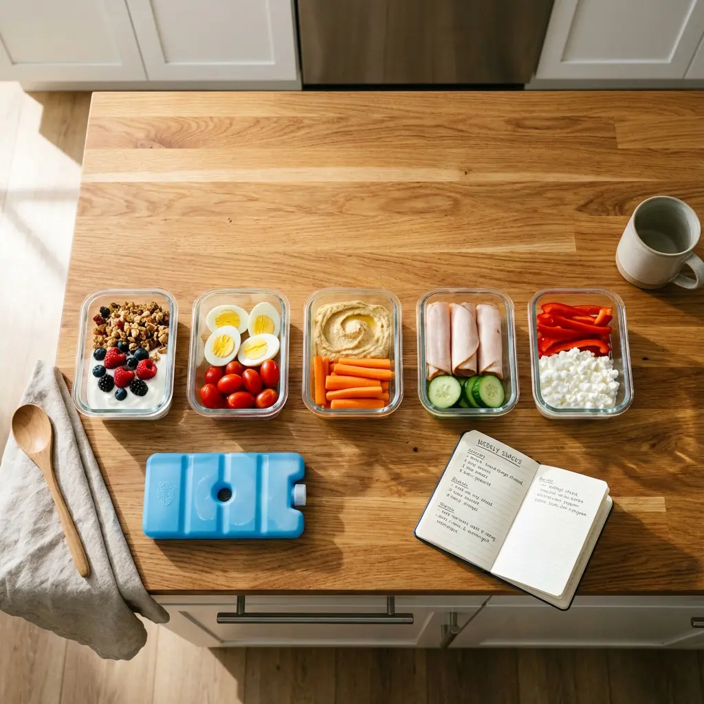 Widok z góry na drewniany blat kuchenny z szklanymi pojemnikami zdrowych przekąsek: jogurt z jagodami, jajka z pomidorami, hummus z marchewką do meal prep