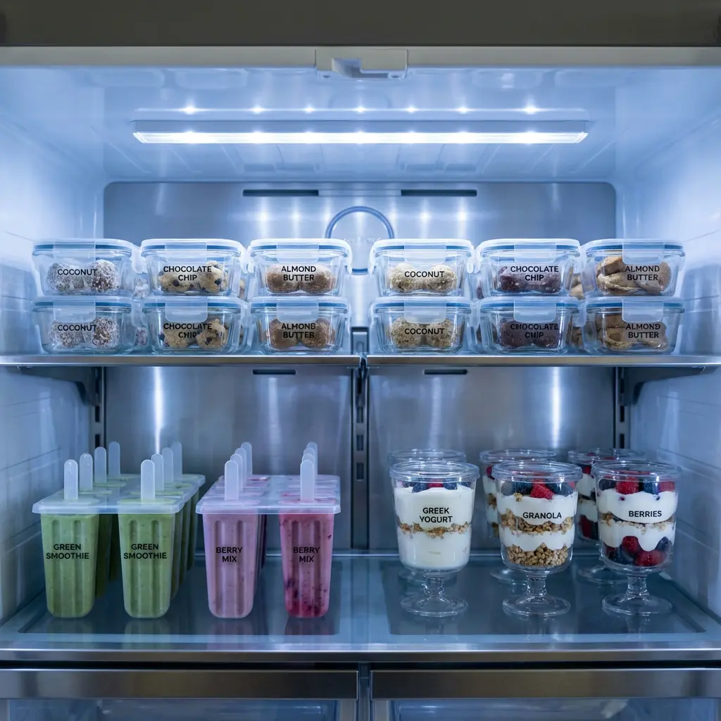Jasno oświetlone wnętrze zorganizowanej lodówki z zdrowymi gotowymi przekąskami: kule energetyczne, popsicles z zielonego smoothie, jagodowe parfait w przezroczystych pojemnikach