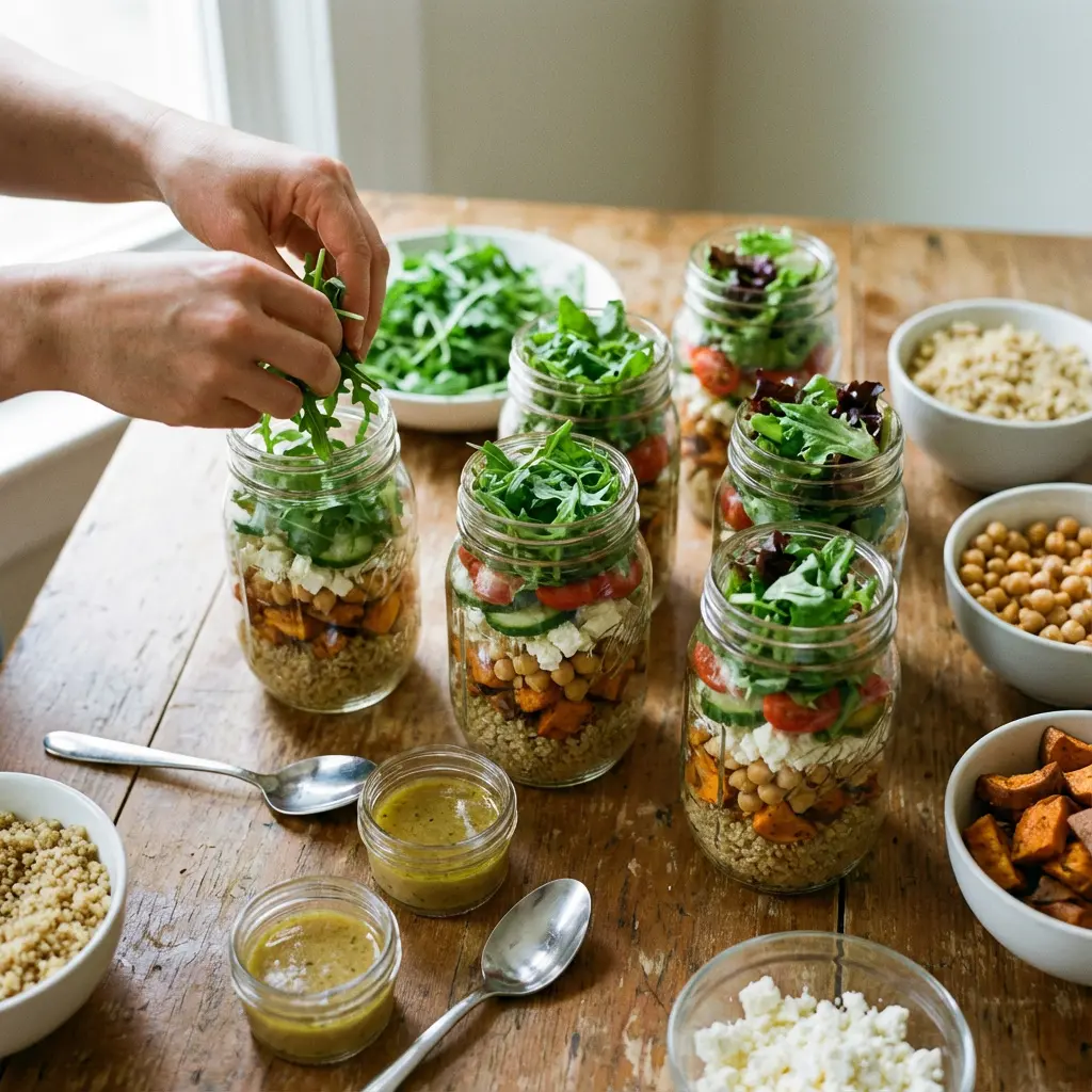 Ręce dodające rukolę do warstwowej sałatki w słoiku mason z quinoa, ciecierzycą, batatami, fetą, ogórkiem, pomidorami na rustykalnym drewnianym stole