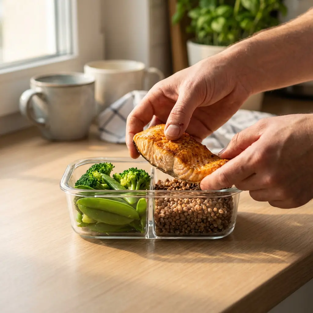 Ręce wkładające złocisty filet z łososia do podzielonego szklanego pojemnika do meal prep z brokułami, groszkiem cukrowym i kaszą gryczaną na drewnianym blacie