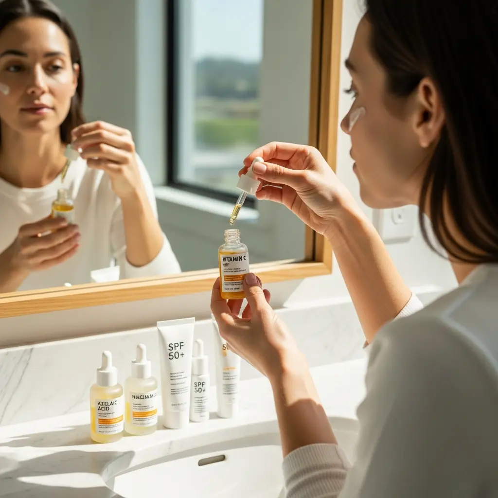 Kobieta w jasnej łazience dozuje serum z witaminą C z pipety, odbicie w lustrze, produkty z kwasem azeleainowym, niacynamidem, SPF 50+ na marmurowym blacie