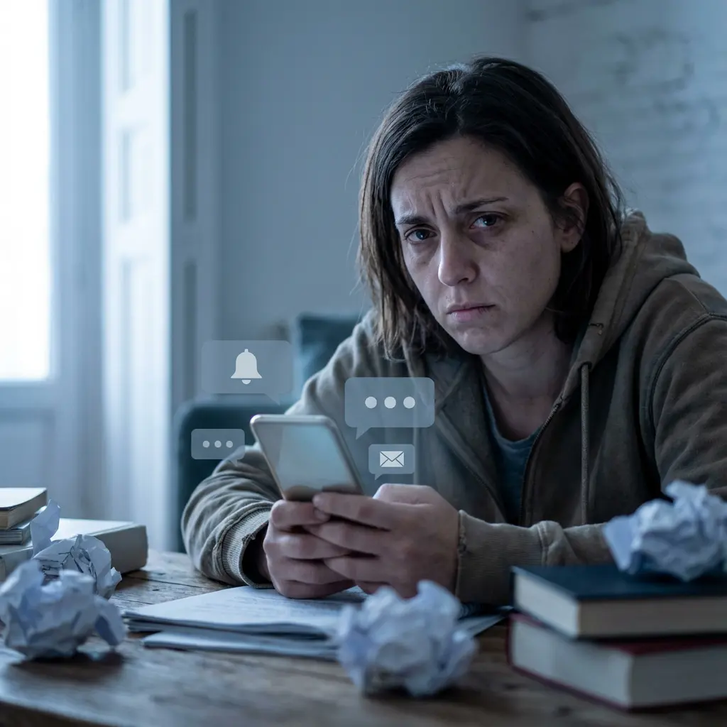 Zestresowana zmęczona kobieta z cieniami pod oczami trzymająca smartfon pośród ikon powiadomień, zgniecionych papierów i książek na drewnianym stole