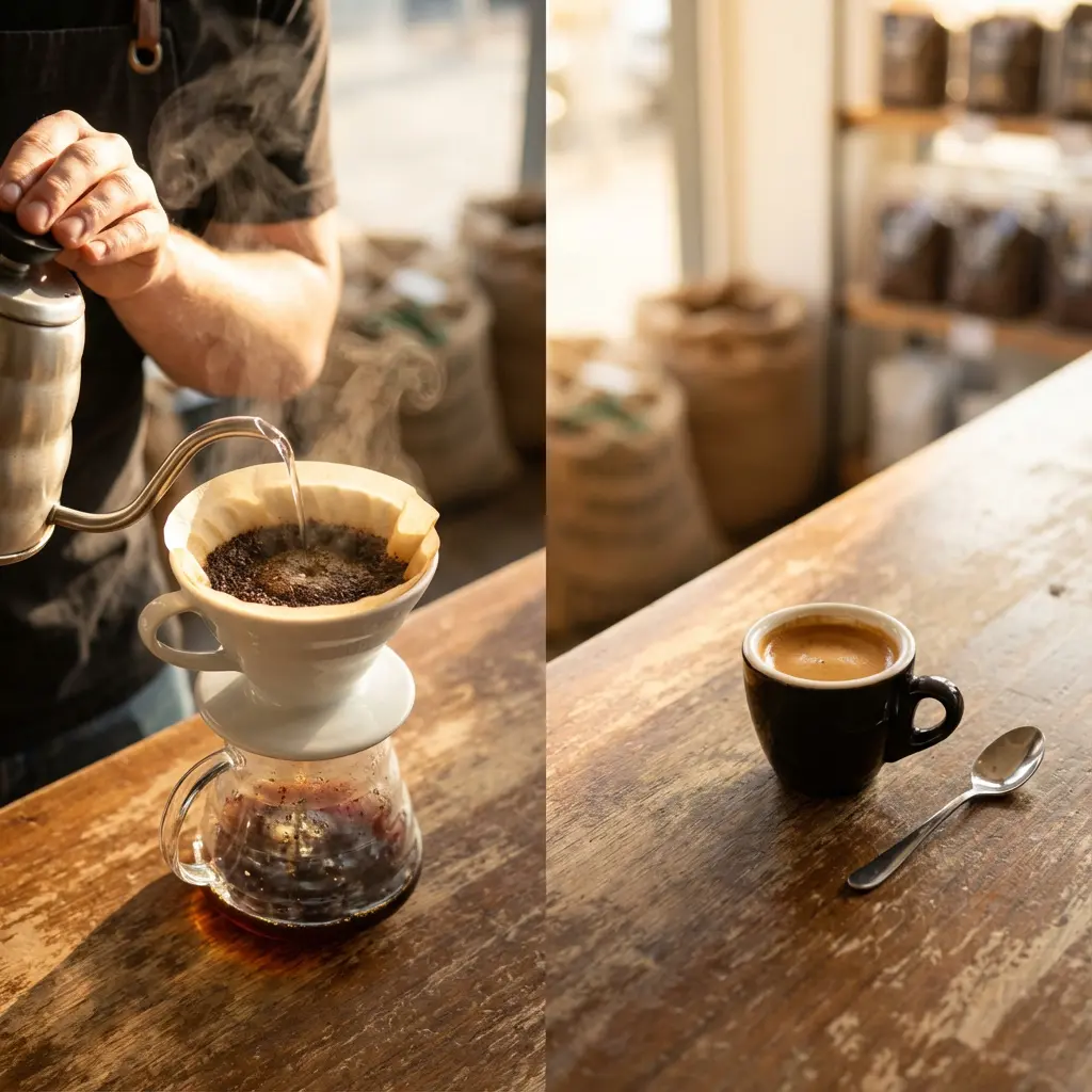 Podzielony widok baristy wylewającego gorącą wodę z czajnika gęsią szyjką na kawę w dripperze z parą i gotowe espresso w ceramicznej filiżance z cremą na drewnianym blacie w słonecznej kawiarni