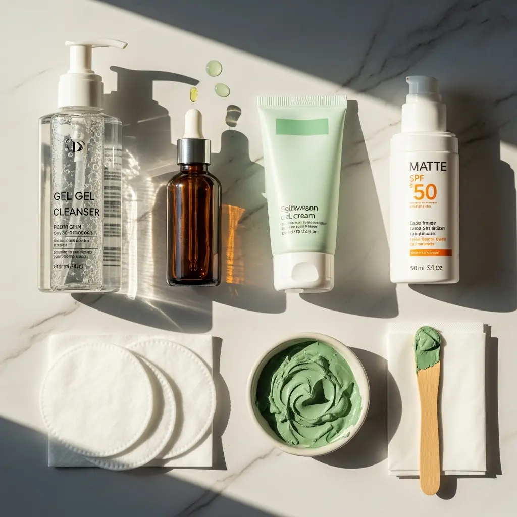 Ujęcie flat lay rutyny pielęgnacyjnej na białym marmurze: żelowy oczyszczacz, serum w kroplomierzu, krem żelowy, krem z SPF 50, zielona maseczka glinkowa, płatki bawełniane, drewniana szpatułka w naturalnym świetle