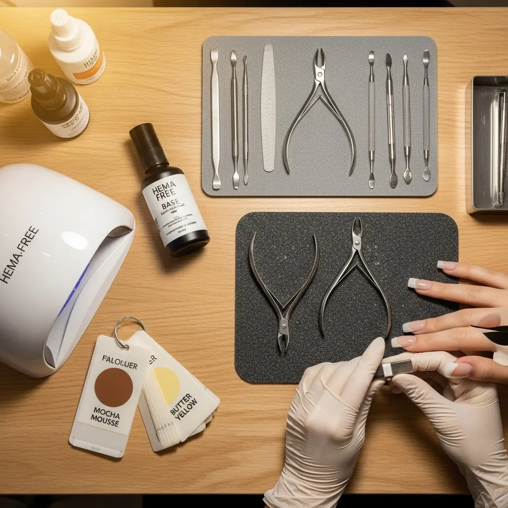 Widok z góry na stację pielęgnacji paznokci na drewnianym stole z manicure w białych rękawiczkach, lampą UV HEMA FREE, narzędziami i próbkami lakierów