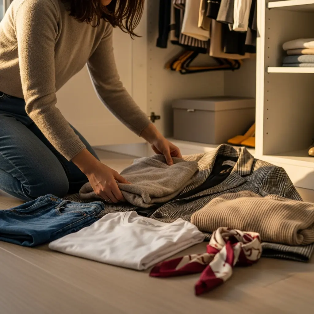 Osoba klęcząca na jasnej drewnianej podłodze organizuje ubrania: beżowy sweter, dżinsy, biały t-shirt, kraciasty blezer, jedwabny szalik; otwarta biała szafa z półkami, pudełkiem, żółtymi szpilkami