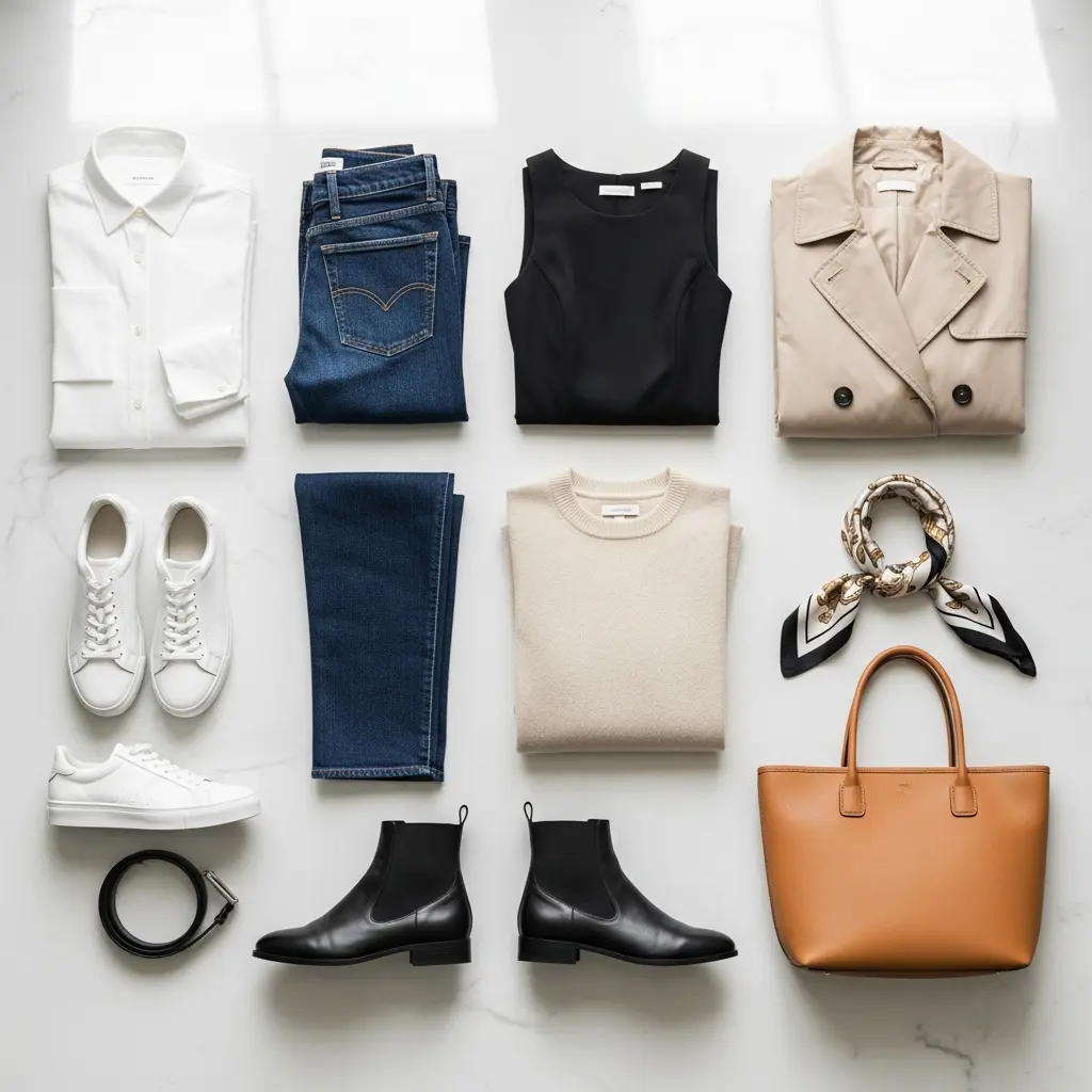 Flat lay minimalistycznej garderoby kapsułowej z damską odzieżą i akcesoriami na białym marmurze