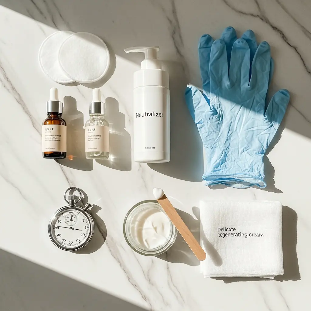 Kompozycja flat lay kosmetyków Rose de Mai do peelingu kwasowego: kroplomierze z kwasem migdałowym, neutralizator, roztwór po peelingu, rękawiczki, płatki, stoper, krem regenerujący na białym marmurze