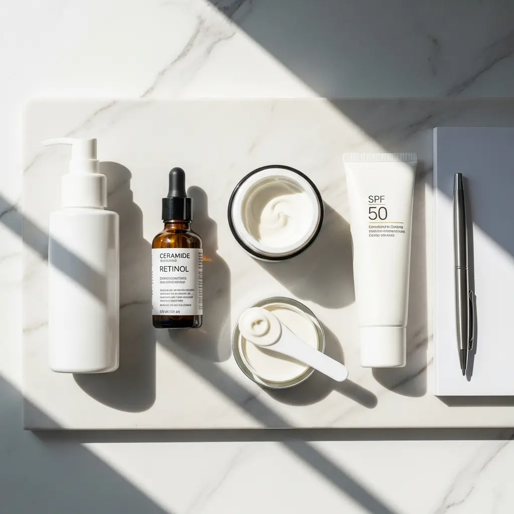 Ujęcie z góry minimalistycznych produktów do pielęgnacji skóry na białym marmurze: kroplomierz ceramida retinol, kremy ze szpatułką, tuba SPF 50, notatnik, cienie
