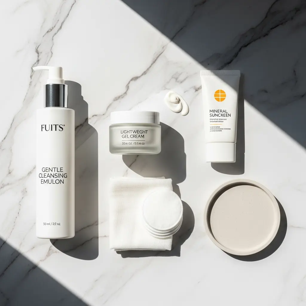 Minimalistyczne ujęcie flat lay kosmetyków do pielęgnacji na białym marmurze: emulsja myjąca, krem-żel, mineralny filtr UV z naturalnymi cieniami
