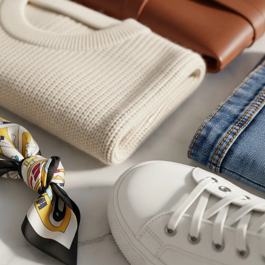Flat lay stylowego luźnego stroju z kremowym swetrem o wafelkowej dzianinie, niebieskimi dżinsami, białymi sneakersami ze skóry, brązową skórzaną kopertówką i geometryczną jedwabną chustą na marmurze